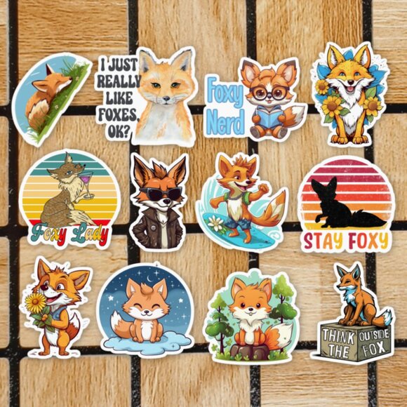 Cute Fox Sticker Pack of 12 Vinyl Stickers - Waterproof Die Cut Sticker Set - Picture 1 of 4